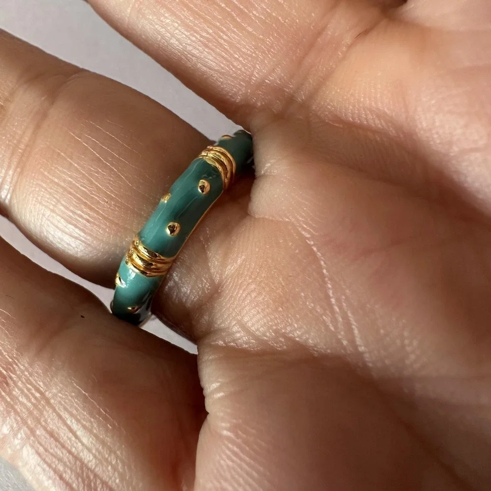 Aqua Blue Green Enamel Gold Tone Band Ring Size 7 Dotted Bamboo Stackable Boho